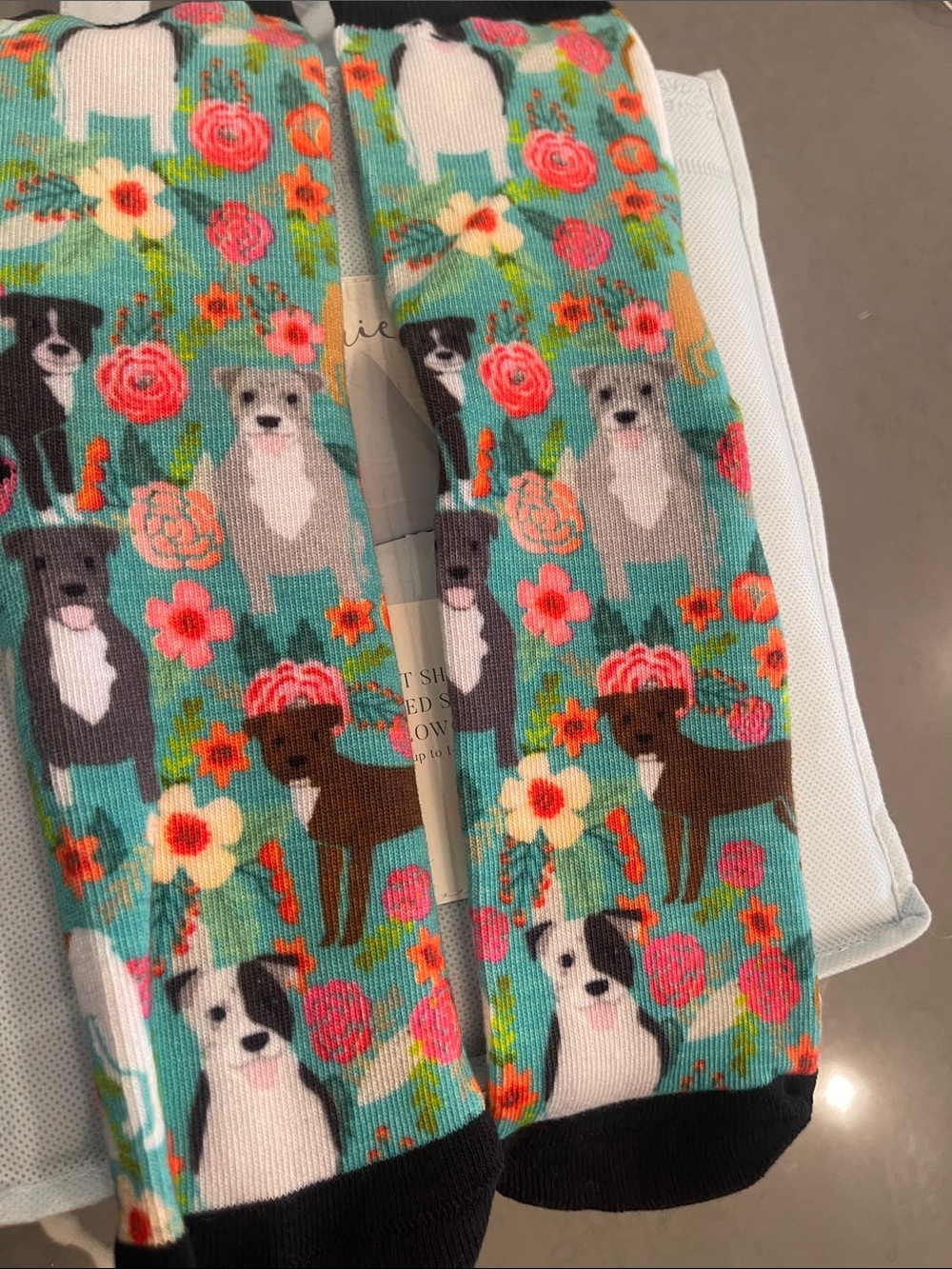 Dog Pattern Crew Socks - Teal Floral Design